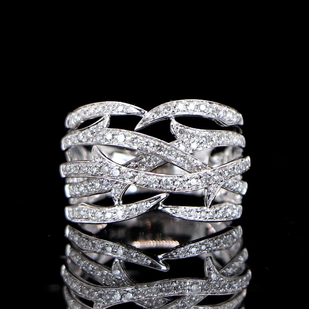 19496 EFFY 14K White Gold Pave Round Diamond Crossover Cocktail Ring Band Size 7